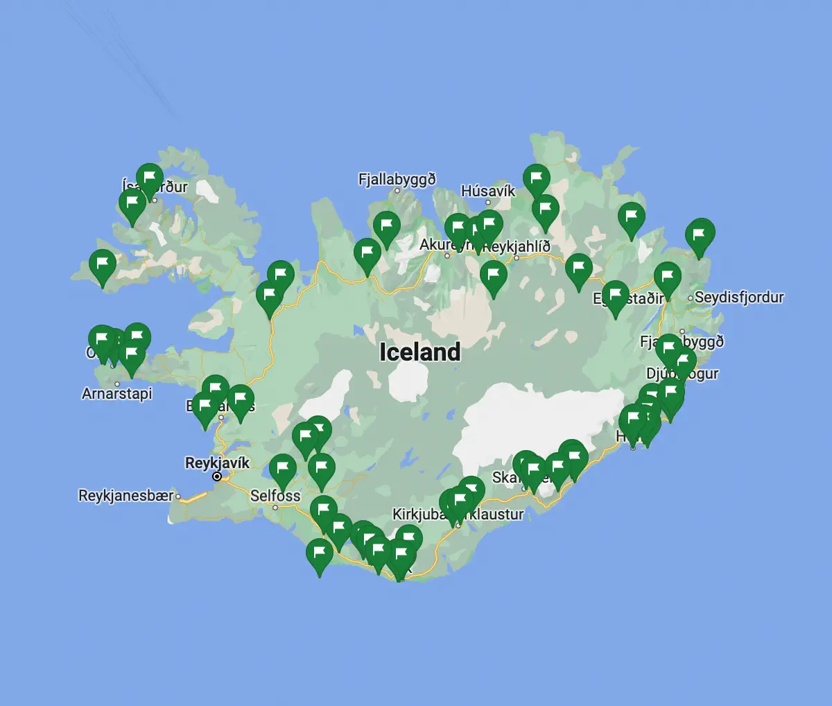 Map of Iceland with saved locations